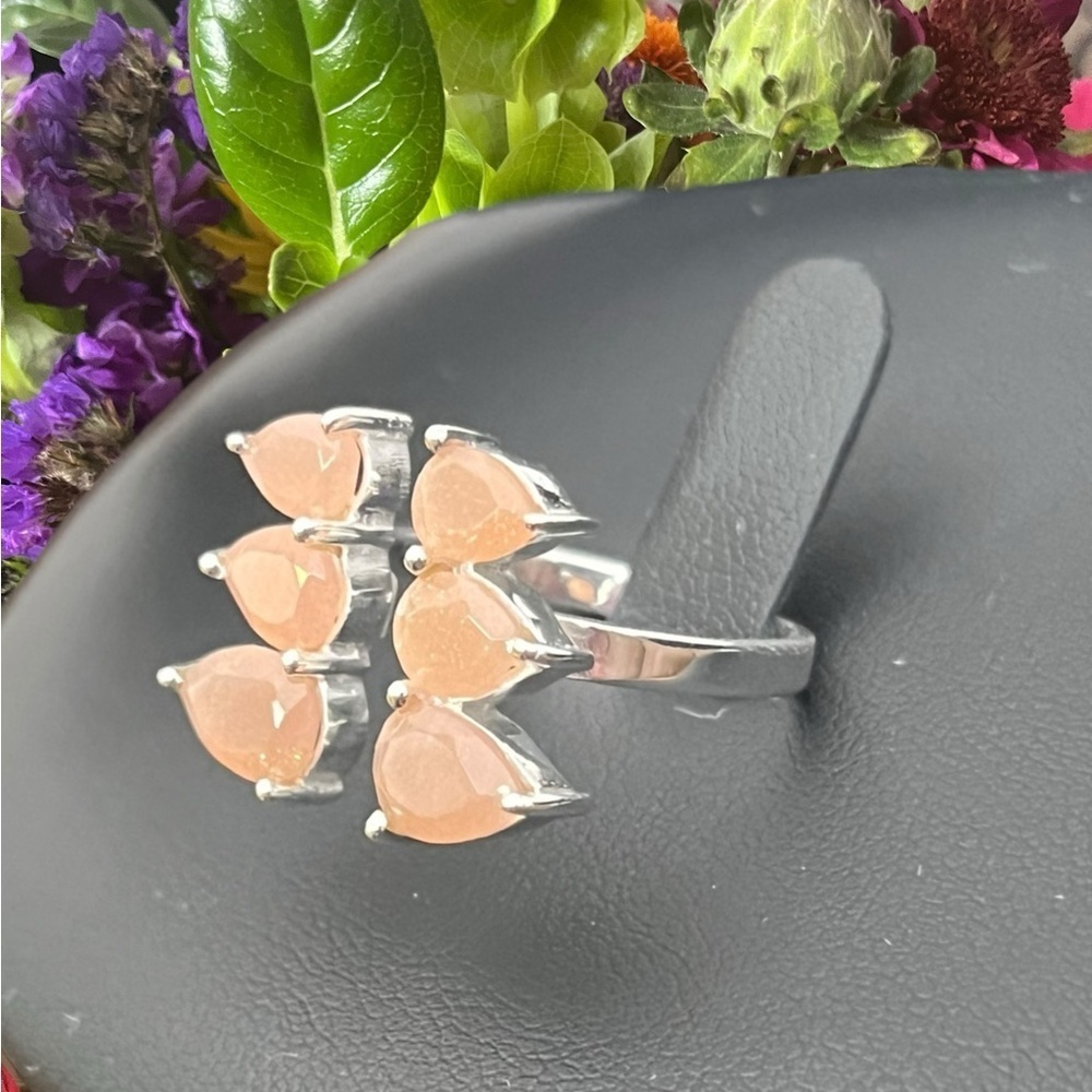 Peach Moonstone Adjustable Silver Ring